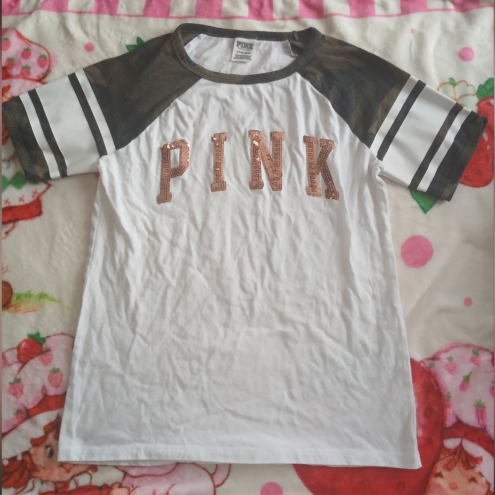 PINK Victoria Secret Camo T-Shirt Sequin Bling